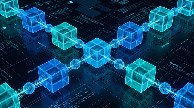 Blockchain technology concept with network of glowing connected cubes and nodes