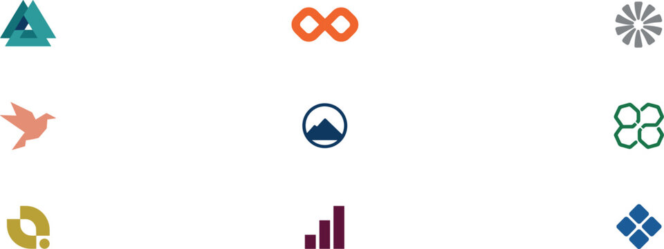 Abstract Corporate Logo Design Element Vector Set Featuring Geometric Shapes Infinity Loop Mountain Bird and Business Growth Chart Branding Symbols