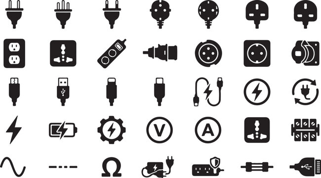 Collection of black electrical icons and symbols on white background