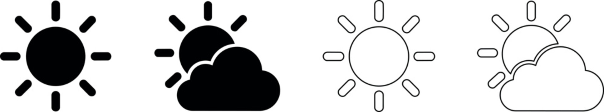 Set of sun and cloud weather icons in black and white outlines