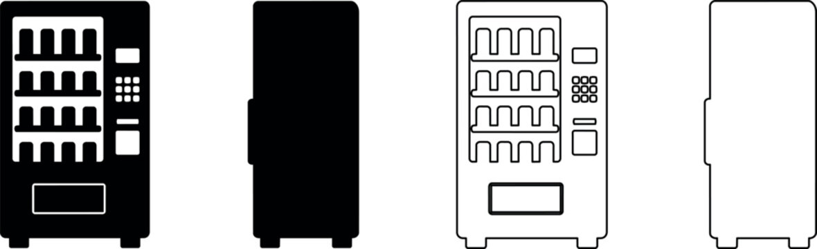 Set of vending machine illustrations in black and white outline and solid fill styles