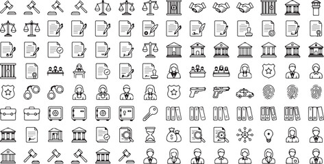 Obraz premium A collection of black and white law and justice icons on a white background