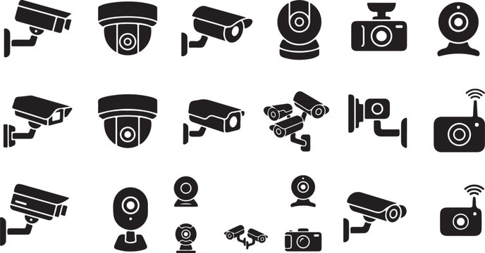 Collection of various black security camera and photography icons on white background