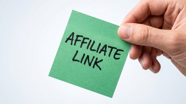 Hand Holding Affiliate Link Handwritten Green Paper Sign Blur