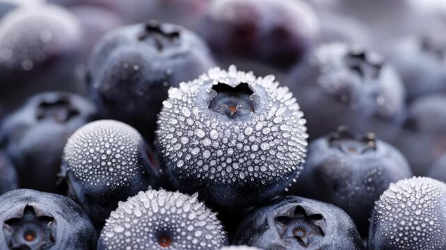 Macro close-up shot of frozen blueberries covered in delicate silver ice crystals and frost, showing detailed texture of frozen fruit skins in a cold, wintry atmosphere.