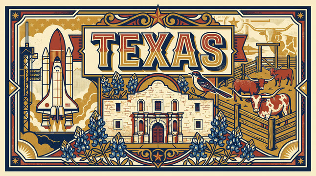 Texas state vintage poster illustration with Alamo mission, unbranded space shuttle and longhorn cattle on cream background