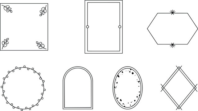 Minimalist Geometric Mirror and Picture Frame Vector Icon Set Featuring Decorative Borders in Square Rectangle Oval Arch and Hexagon Shapes