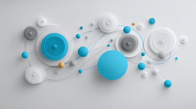 Complex 3D abstract network background featuring turquoise and white geometric spheres, ribbed cones, and floating connection lines