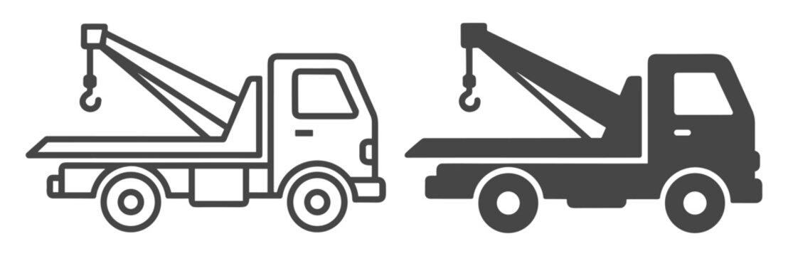 Tow truck icon in outline and solid style with hook and flatbed transport on transparent background