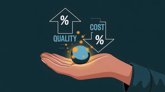 Business Concept Hand Holding Glowing Sphere Symbolizing High Quality and Low Cost Efficiency Strategy for Growth and Financial Success in Modern Corporate Management and Market Optimization