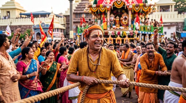 cultural festival attire, a joyful indian devotee in vibrant festival attire celebrating rath yatra