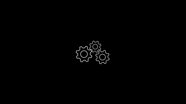Minimalist line art of three rotating gears or cogs mechanism on black background