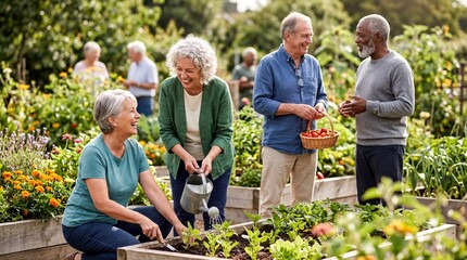 Obraz premium elderly social engagement, elderly individuals joyfully participating in group activities outdoors