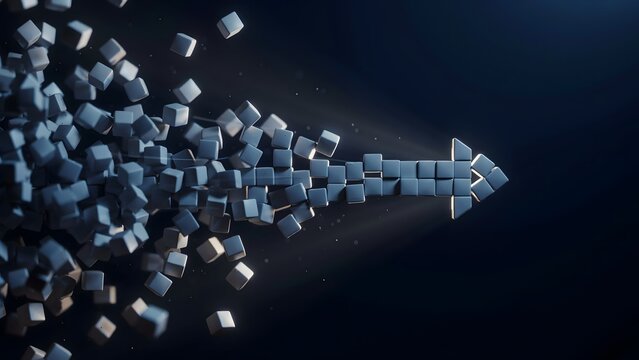 Tiny white cubes in midair locking into an arrow &ndash; Ideal for change management consulting, team alignment, or cloud orchestration.
