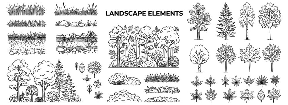 Architectural grass and forest ground pattern with layered soil, rocky terrain and lawn line drawing for landscape sections, garden plans, site design and natural surface backgrounds. Vector.