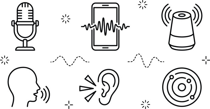 Voice recognition and audio assistant linear icon set with microphone smart speaker phone wave vector illustration