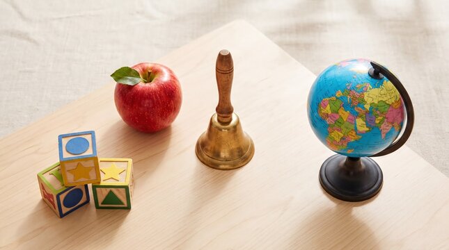 educational tools, a vibrant arrangement of a bell, abc blocks, and a globe celebrating education