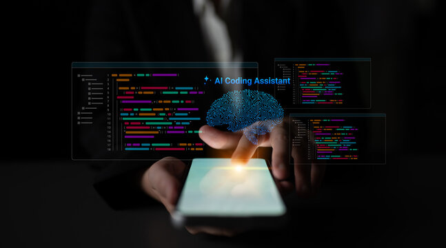 A developer interacts with a smartphone displaying AI coding assistance tools and colorful code visuals in a dark workspace. Innovation meets technology in programming. Cyphers