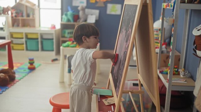 Young boy wipes chalkboard with red eraser at wooden easel in a colorful preschool studio surrounded by toys and storage; concentration play.