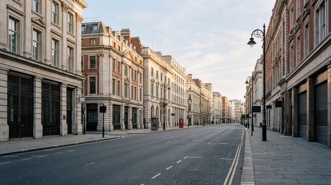 urban exploration, an empty london street with closed banks, reflecting the calm of a holiday morning