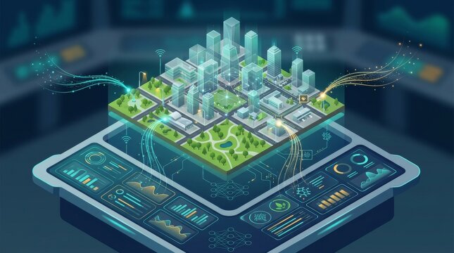 Green Urban Mobility Intersection Isometric View with Electric Buses Cyclists Solar Panels and Smart Infrastructure