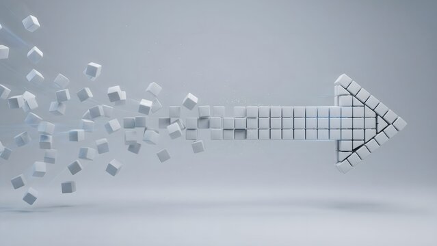 Digital pixels streaming into a cohesive arrow form &ndash; Perfect for high speed internet marketing, computer science, or gaming.
