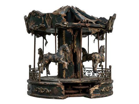 Dilapidated old carousel with horses isolated on transparent background