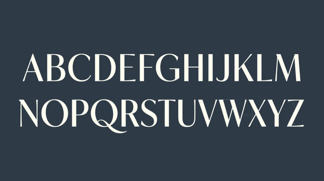 Elegant white serif alphabet on charcoal gray background.