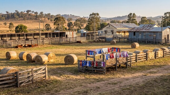 agricultural fair setup, empty showgrounds adorned with prize ribbons and hay bales at dawn
