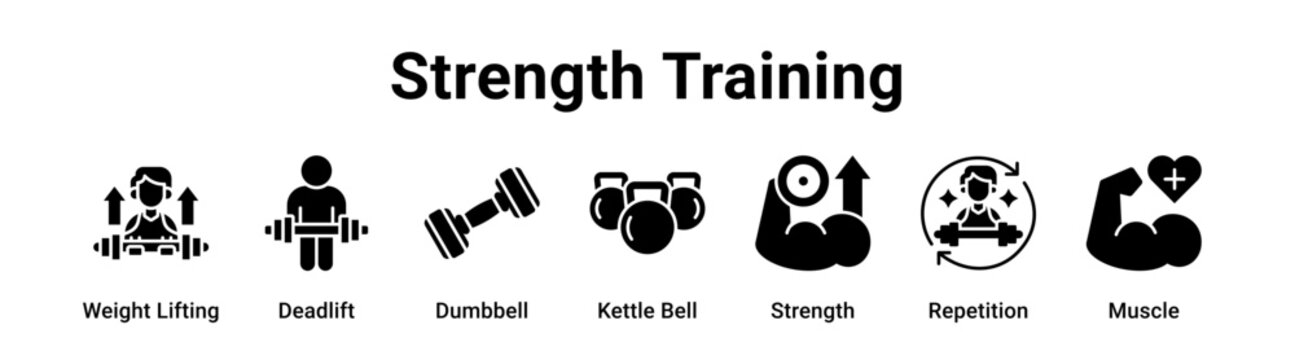 Strength Training web banner icon vector illustration concept for sport with icon of Weight Lifting, Deadlift, Dumbbell, Kettle Bell, Strength.