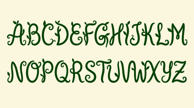 Green decorative leafy script font alphabet set.