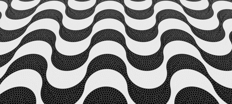 Copacabana sidewalk seamless pattern with realistic black and white cobblestone waves, iconic Portuguese pavement texture, repeating wavy mosaic design for Rio de Janeiro beach promenade vector illust