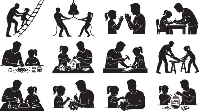 Set of silhouettes of a father and daughter doing various activities together
