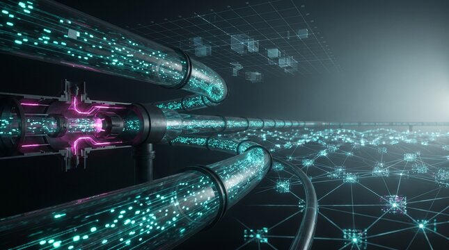Abstract AI data stream background with glowing teal particle tunnels, magenta highlights, panoramic sci-fi composition, ultra-realistic depth.
