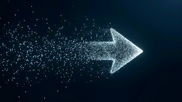 White particles forming a sleek arrow in dark space &ndash; Suitable for digital transformation, fiber optic connectivity, or screen saver art.