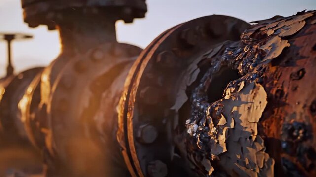 Rusty pipeline peeling paint closeup, dramatic sunset backlight highlighting flaking metal and valve details, corrosion engineer inspecting surface, maintenance crew planning repair