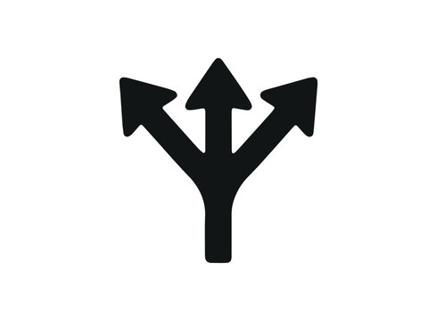 Black silhouette of three arrows diverging from a single point on a white background representing choices