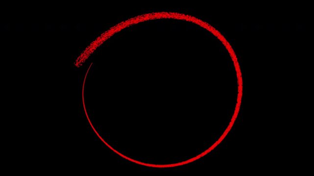 Red chalk hand-drawn circle animation on black background, rough texture effect motion graphics animation 