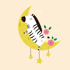 Fototapeta premium Cute zebra sleeping on a crescent moon with pink flowers and stars