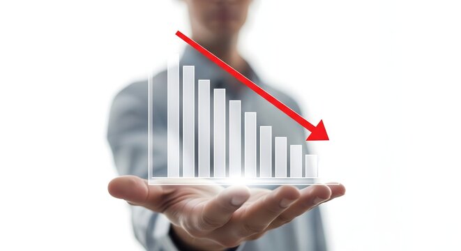 Businessman presenting a digital declining bar chart with a red arrow showing financial loss on a white background.