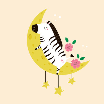 Cute zebra sleeping on a crescent moon with pink flowers and stars