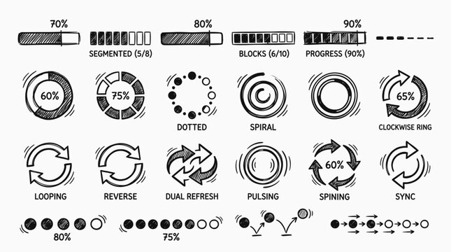 Hand Drawn Progress Bar and Loading Spinner Icons Set for User Interface Design on Isolated White Background
