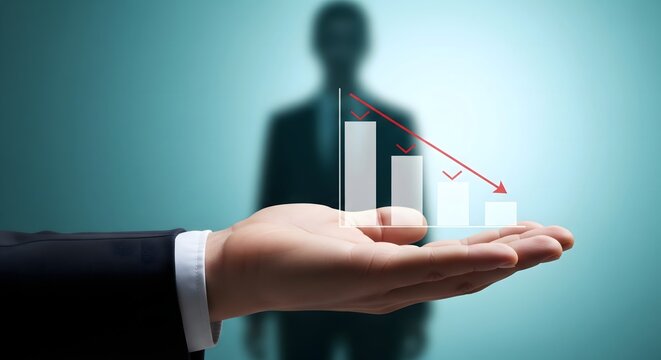 A businessman holding a glowing digital bar chart showing a downward trend with a red arrow.