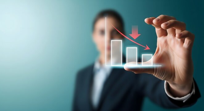 Businesswoman holding a digital bar chart with a red arrow showing a downward financial trend.