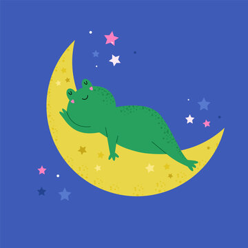 Cute cartoon frog sleeping on a yellow crescent moon at night