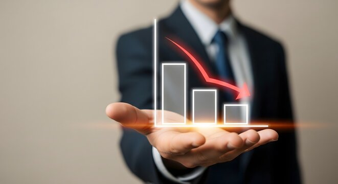 Businessman holding a glowing digital bar chart showing a downward trend and a red arrow, symbolizing financial loss.