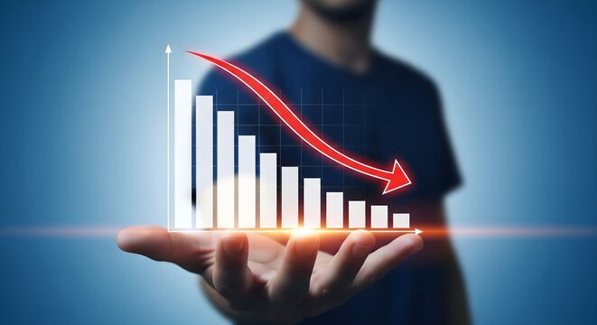 A businessman holding a glowing digital bar graph showing a downward trend with a red arrow