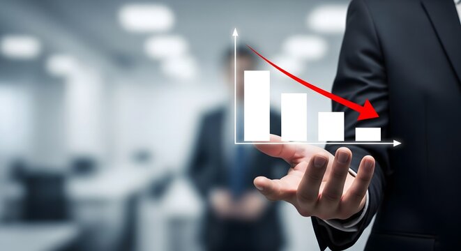 A businessman holding a digital bar chart with a declining red arrow representing financial loss in a modern office environment.