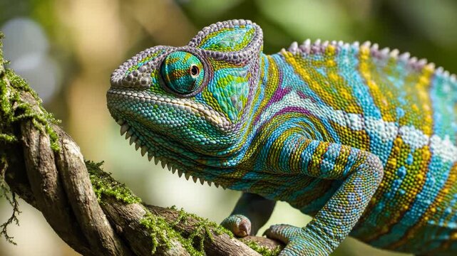 Macro side profile of a multi-colored chameleon showing intricate scale patterns of blue, green, and yellow while perched on a moss-covered branch in a tropical forest environment.