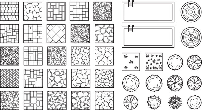 Landscape architecture design elements set with paving patterns, swimming pools, and top view trees for site plans
